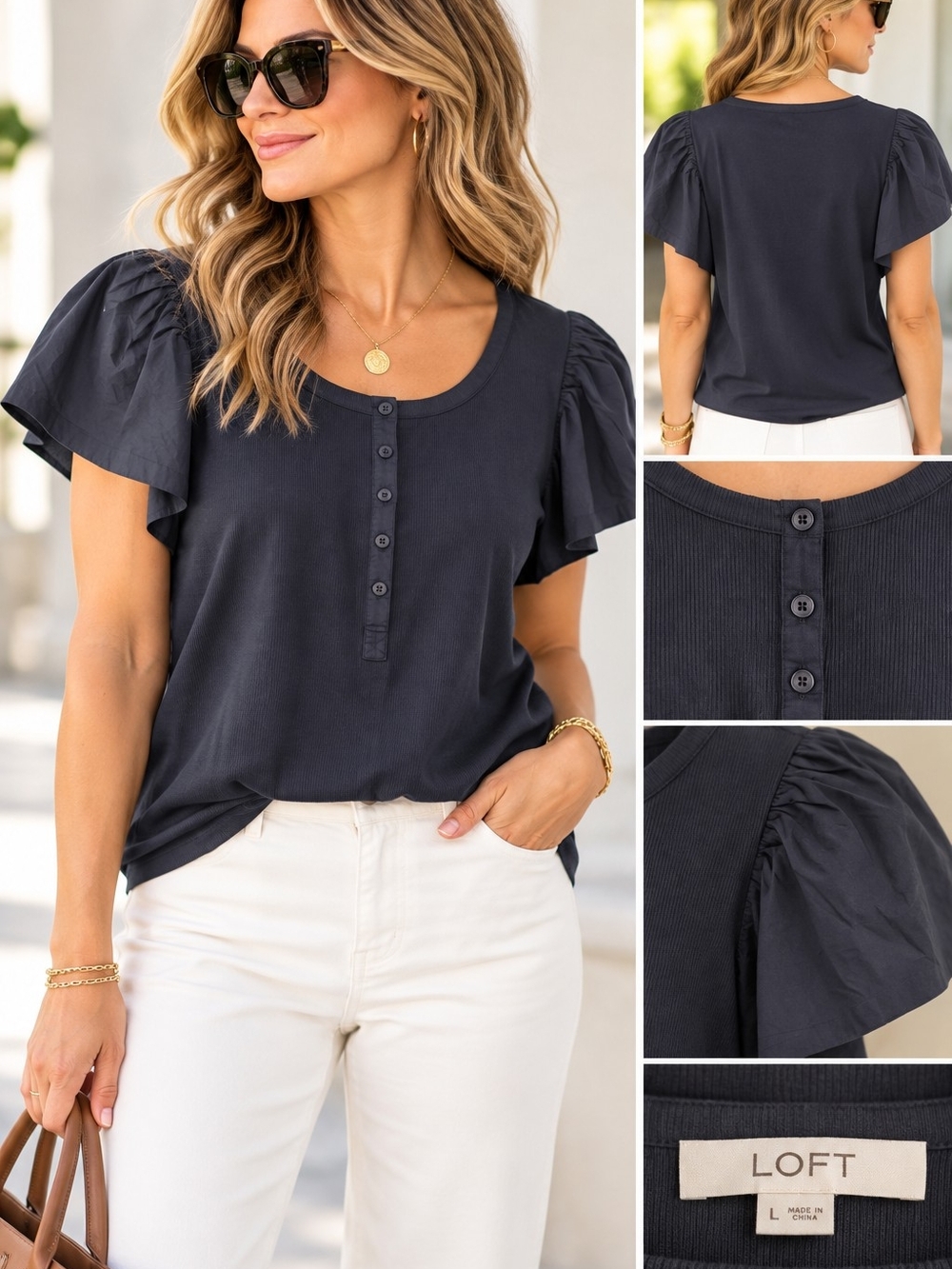 NWT LOFT Navy Flutter Sleeve Henley Top – Size L